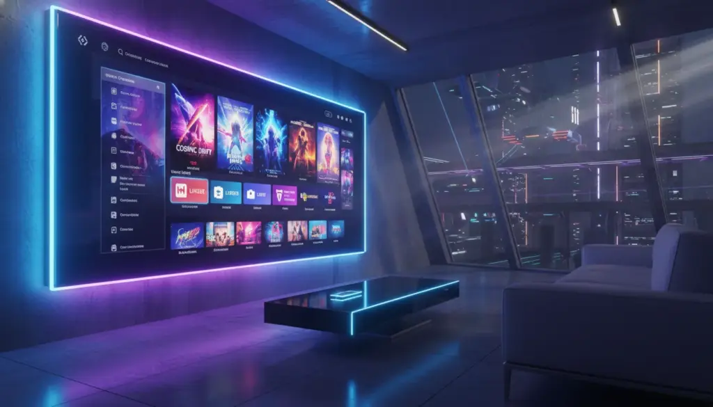 bester iptv anbieter Moderner 8K Fernseher zeigt eine IPTV Benutzeroberfläche in einem stilvollen Wohnzimmer mit Neonbeleuchtung.