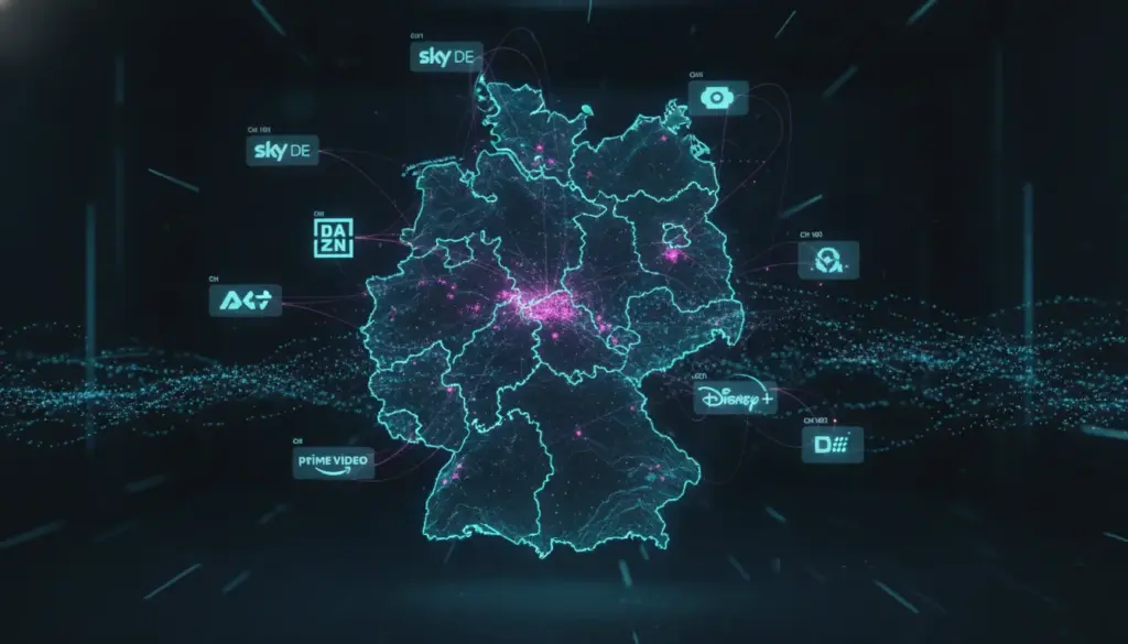 Futuristische Darstellung von digitalem IPTV Streaming und Datenübertragung für den DACH-Raum.