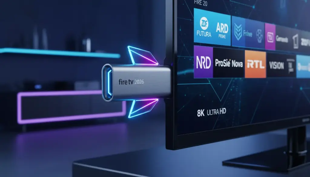 iptv fire tv stick Nahaufnahme des Fire TV Stick 2026 an einem 8K-Fernseher mit einer IPTV-Benutzeroberfläche für deutsches Premium-TV.