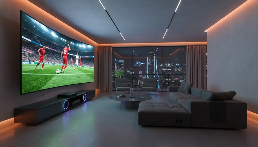 Modernes Wohnzimmer-Setup für IPTV-Streaming auf einem Fire TV Stick 2026 mit fokusiertem 4K-Bildschirm.