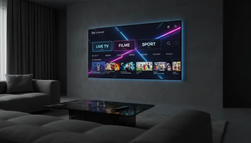 iptv smarters 2026 Moderner 8K Smart-TV mit einer bunten IPTV-Player Benutzeroberfläche in einem technologisch gestalteten Wohnzimmer.