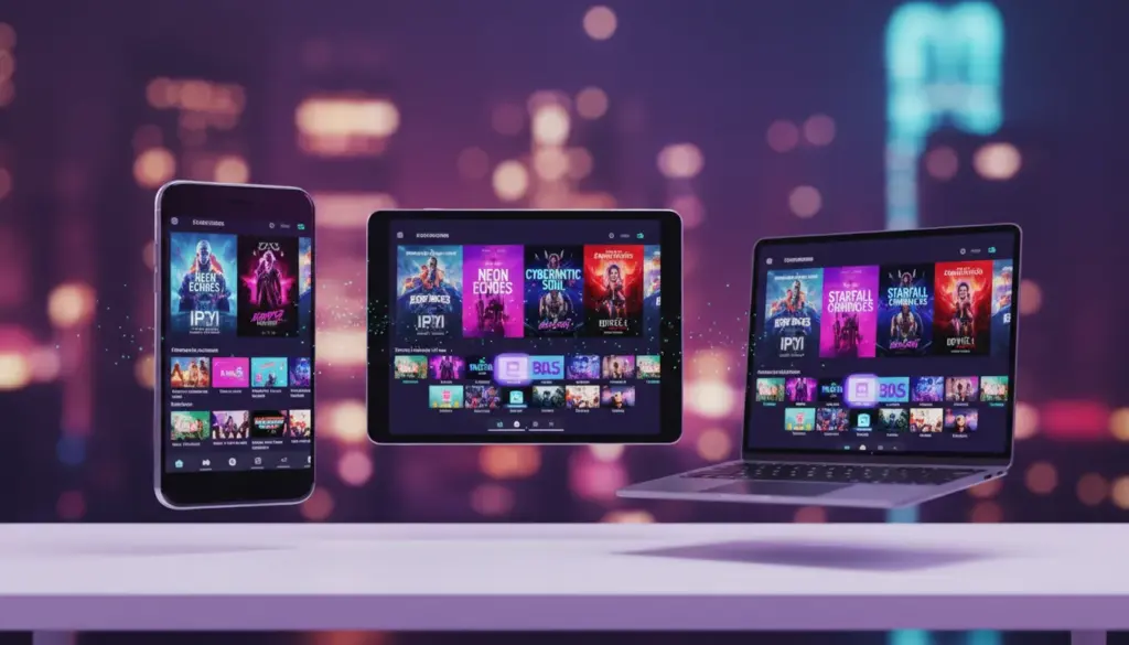 Verschiedene mobile Endgeräte wie Smartphone und Tablet zeigen eine IPTV-Streaming-App mit Filmauswahl.