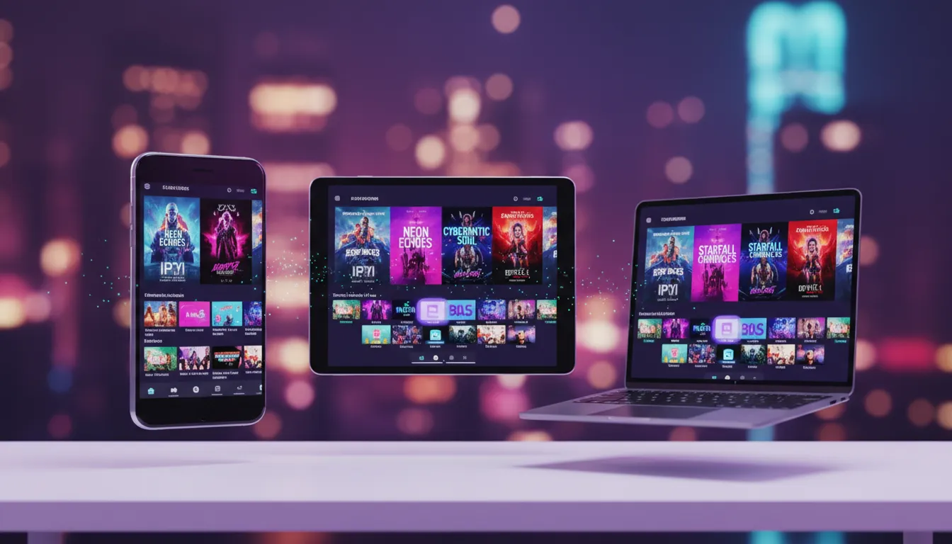 Verschiedene mobile Endgeräte wie Smartphone und Tablet zeigen eine IPTV-Streaming-App mit Filmauswahl.